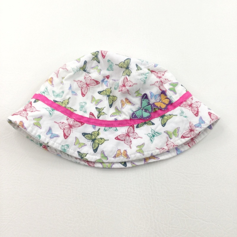 Colourful Butterflies White Cotton Bucket Sun Hat - Girls 6-9 Years