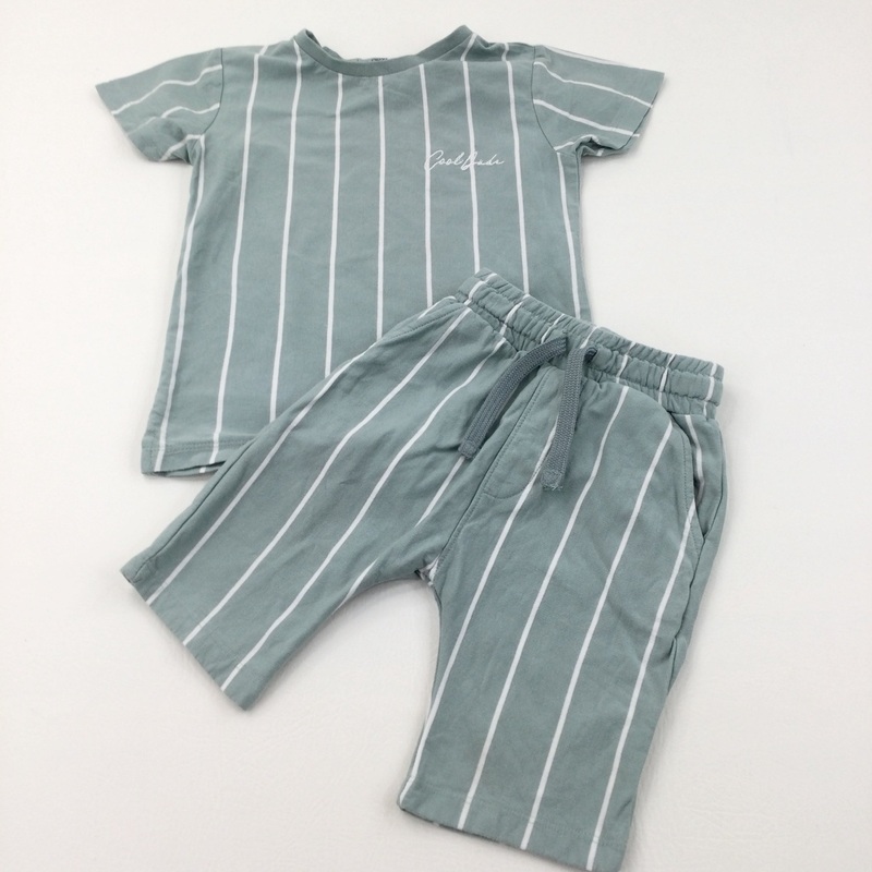 'Cool Dude' Pale Green & White Striped T-Shirt & Jersey Shorts Set - Boys 4-5 Years