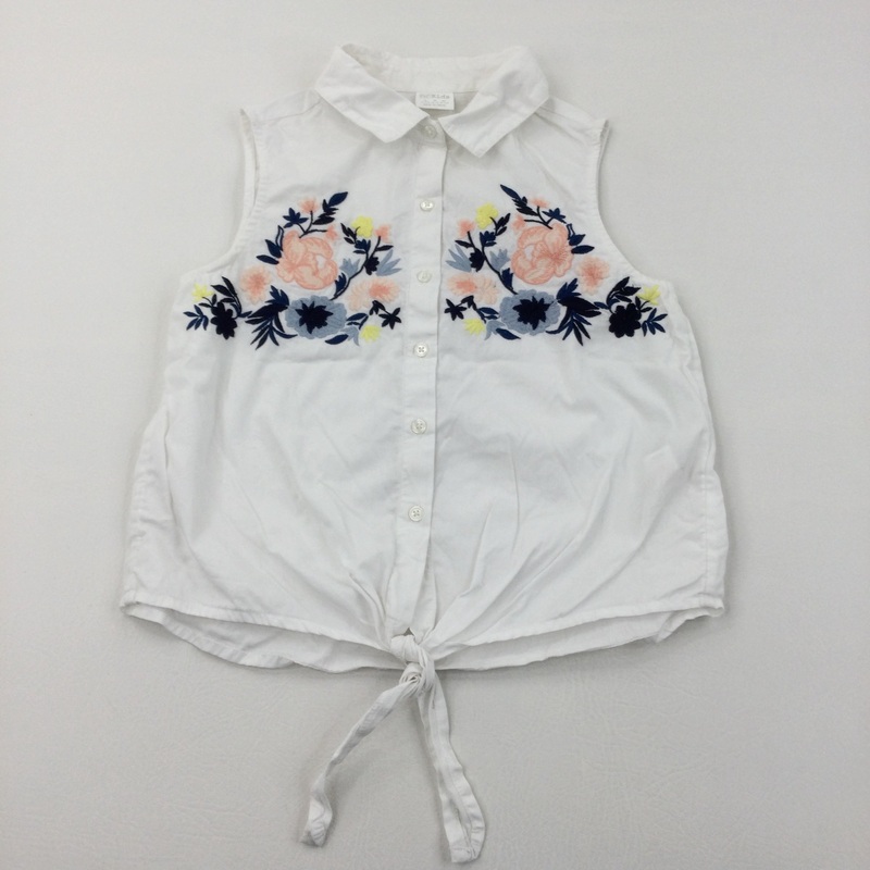 Flowers Embroidered White Cotton Blouse - Girls 10-11 Years