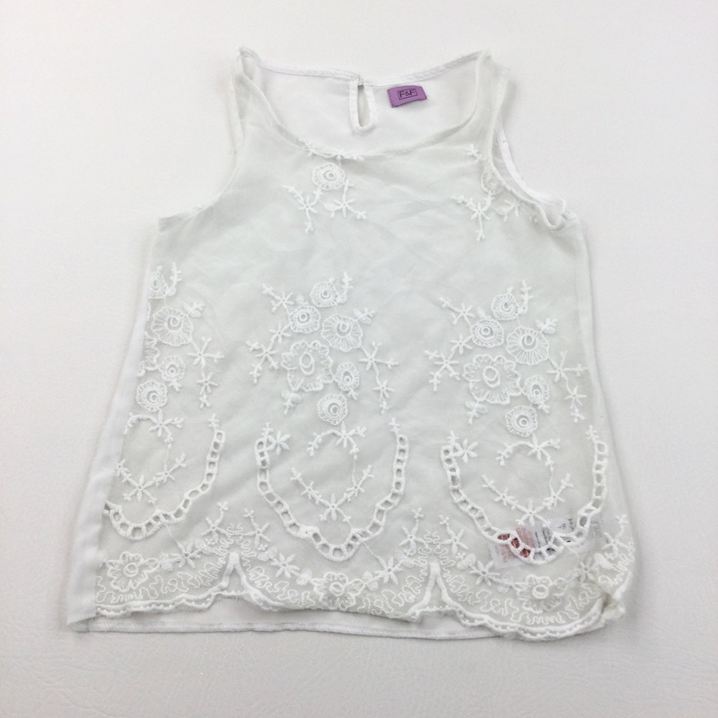 Flowers Embroidered White Sheer Blouse - Girls 7-8 Years