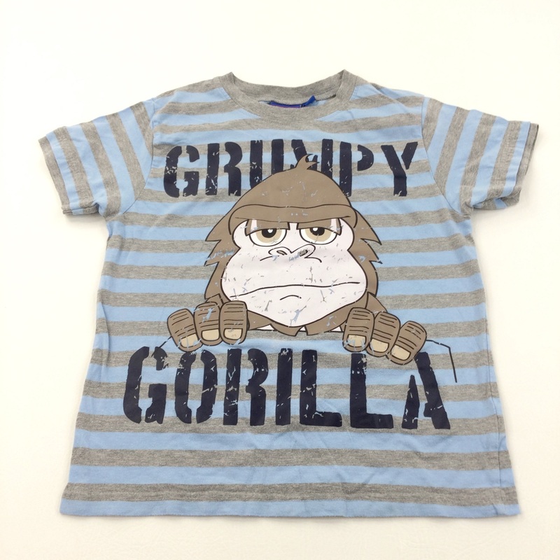 'Grumpy Gorilla' Blue & Grey Striped Pyjama Top - Boys 9-10 Years