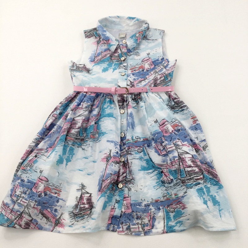 Seaside Scenes Blue, Pink & White Cotton Sun/Party Dress - Girls 6-7 Years