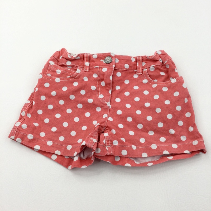 Spotty Coral Pink & White Cotton Twill Shorts with Adjustable Waistband  - Girls 8-9 Years
