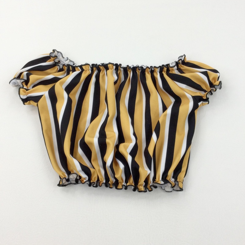 Stripey Black, White & Mustard Yellow Polyester Crop Top Blouse - Girls 12-13 Years