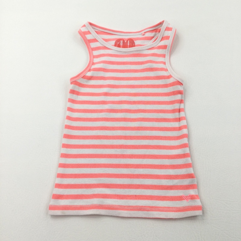 White & Neon Orange Striped Ribbed Vest Top - Girls 5 Years