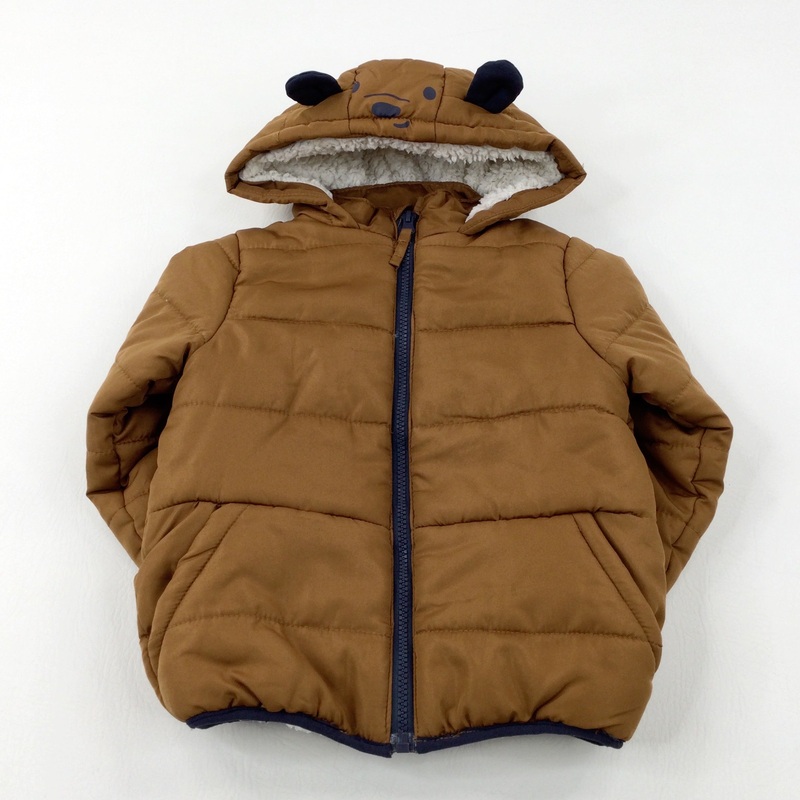 Bear Face Brown Fleece Lined Padded Winter Coat - Boys 2-3 Years