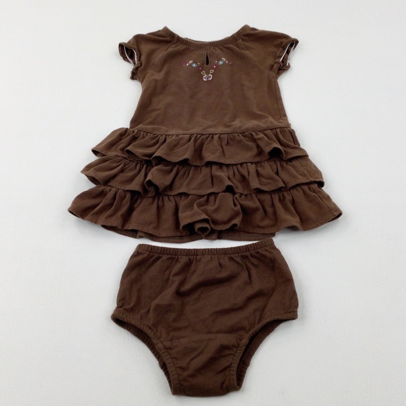 Flowers Embroidered Layered Brown Jersey Dress & Nappy Pants Set - Girls 12-18 Months