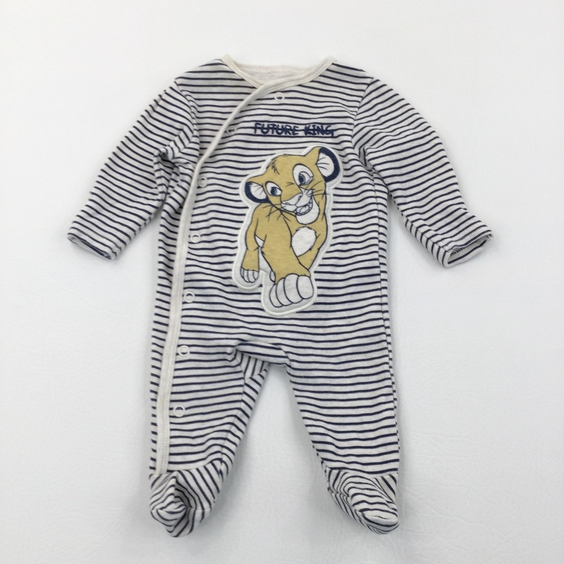 'Future King' Lion King Oatmeal & Navy Striped Babygrow with Integrated Mitts - Boys Newborn