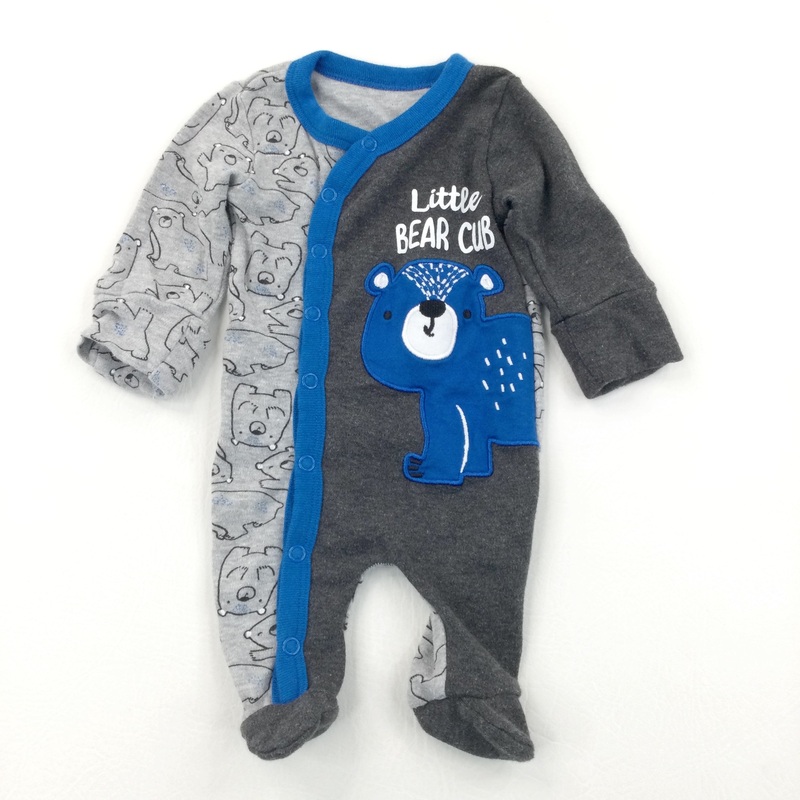 'Little Bear Cub' Appliqued Grey & Blue Babygrow with Integrated Mitts - Boys Newborn