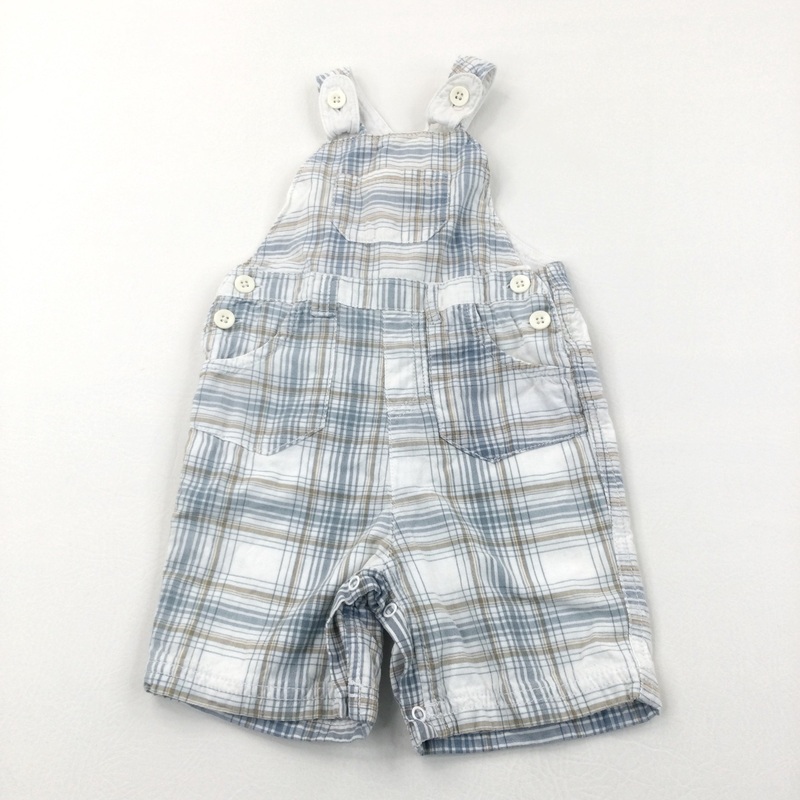 Blue, Beige & White Checked Cotton Short Dungarees - Boys 9-12 Months