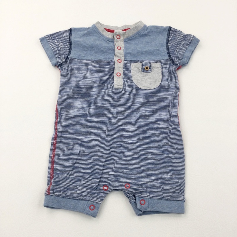 Blue & Grey Striped Short Jersey Romper - Boys 6-9 Months