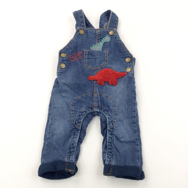 Dinosaurs Appliqued Mid Blue Denim Lined Denim Dungarees - Boys 6-9 Months