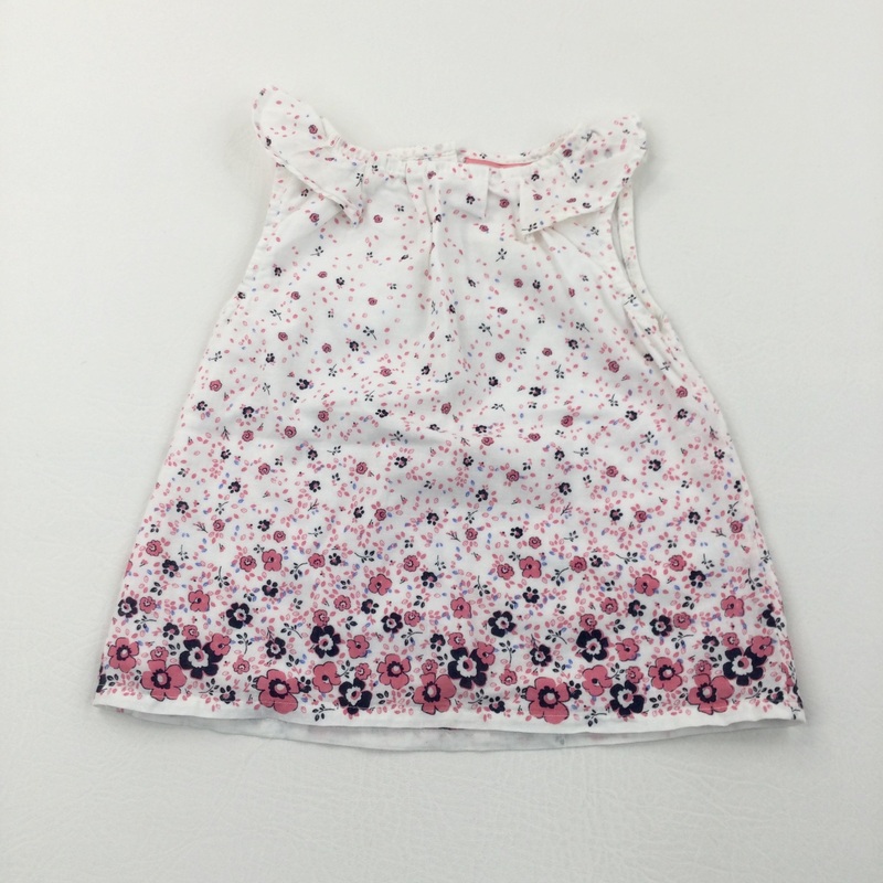 Flowers Pink, Navy & White Cotton Sleeveless Blouse - Girls 9-12 Months