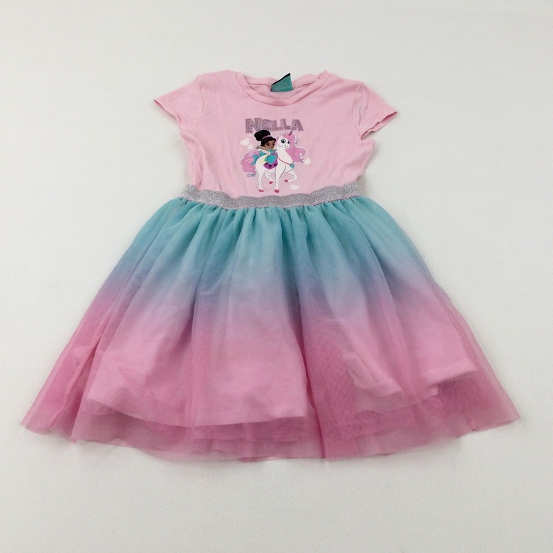 'Nella' The Princess Knight Sequinned Sparkly Pink & Turquoise Party Dress - Girls 4-5 Years