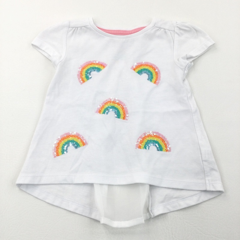 Sequins Rainbows White T-Shirt with Net Back Panel - Girls 12-18 Months
