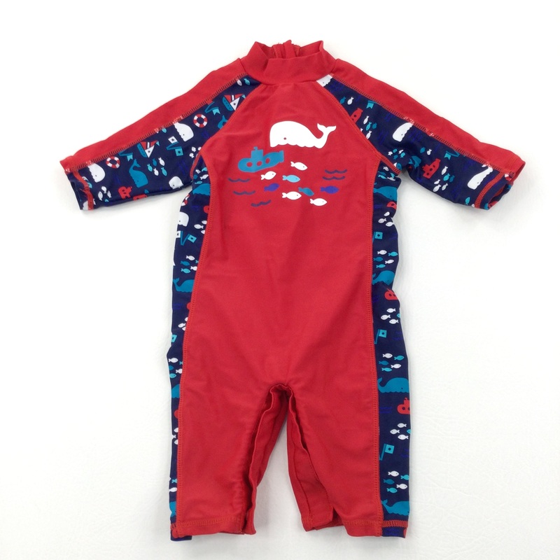 Submarine, Fish & Whales Red & Navy Sun/Beach Suit - Boys 9-12 Months