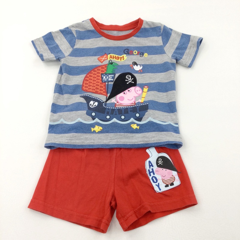 'Ahoy Matey' Pirate George Pig Appliqued Blue, Grey & Red T-Shirt & Lightweight Jersey Shorts - Boys 18-24 Months