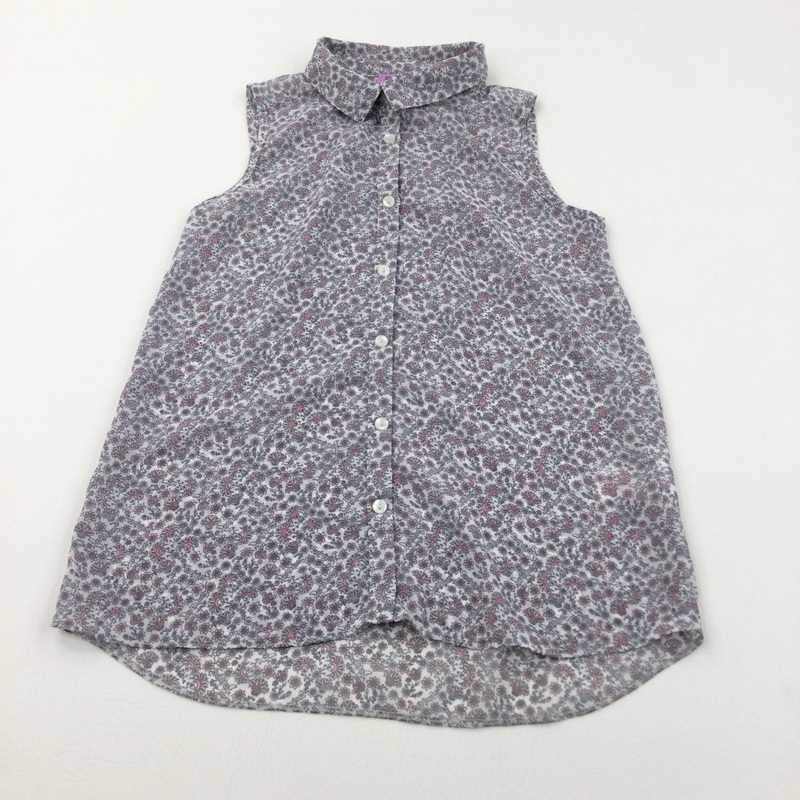 Flowers Pink & White Sheer Sleeveless Blouse - Girls 10-11 Years