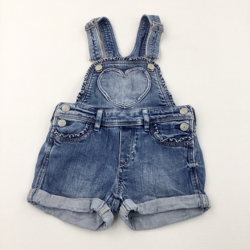 Heart Pocket Mid Blue Denim Short Dungarees - Girls 3-4 Years