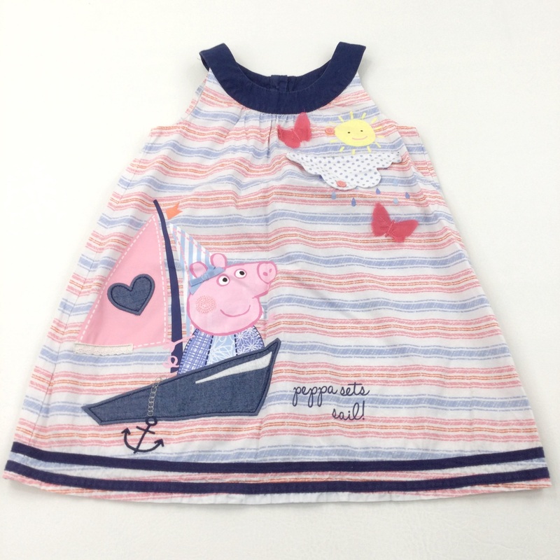 'Peppa Sets Sail' Peppa Pig Appliqued Pink, Blue & White Striped Cotton Sun Dress - Girls 3-4 Years