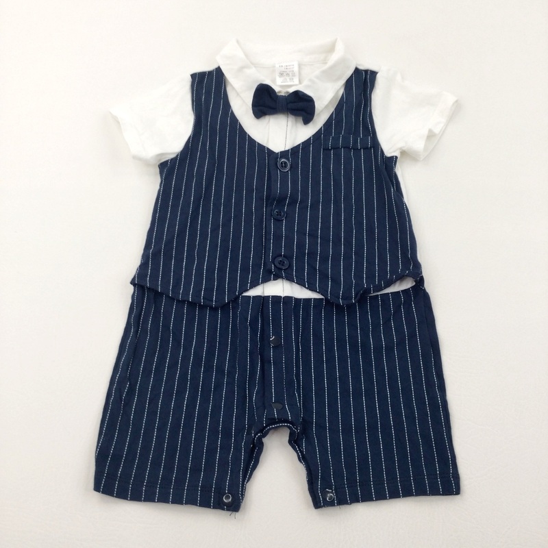 Attached Bow Tie & Waistcoat Navy & White Jersey Romper - Boys 9-12 Months