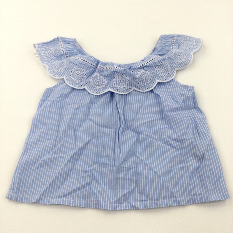 Blue & White Striped Sleeveless Cotton Blouse with Frilly Neckline - Girls 3-4 Years