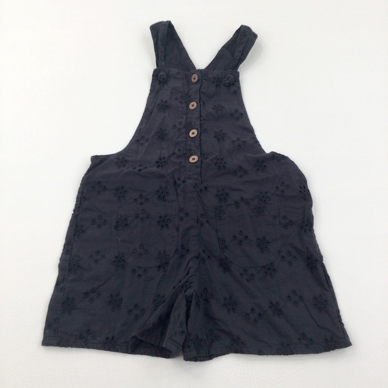 Broderie Flowers Black Cotton Sleeveless Cotton Short Dungarees - Girls 3-4 Years