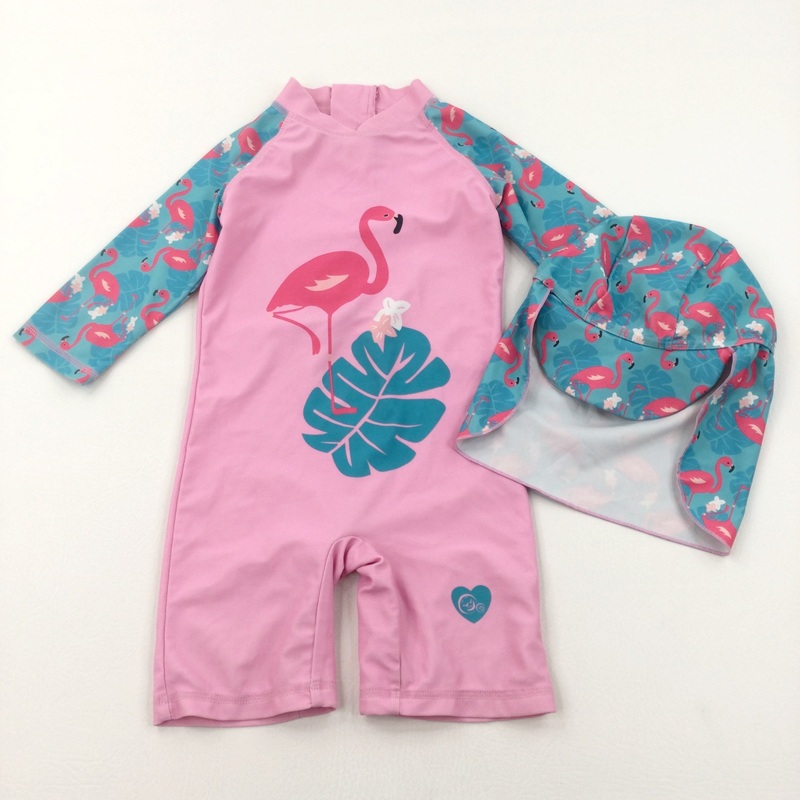 Flamingos Blue & Pink Sun/Beach Suit & Hat with Neck Protector - Girls 3 Years