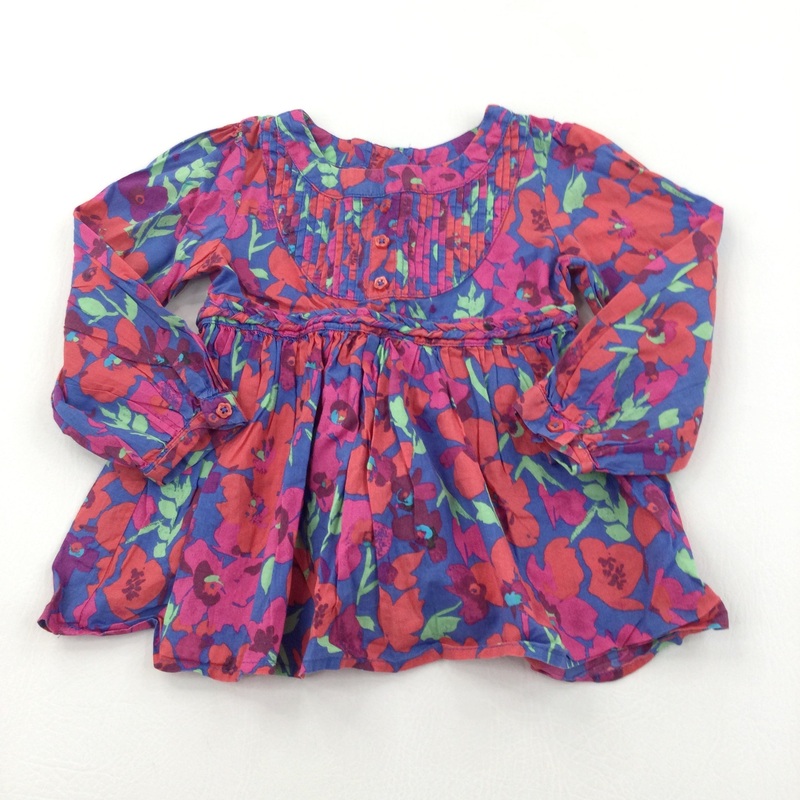 Flowers Pink, Blue & Red Cotton Blouse - Girls 18-24 Months