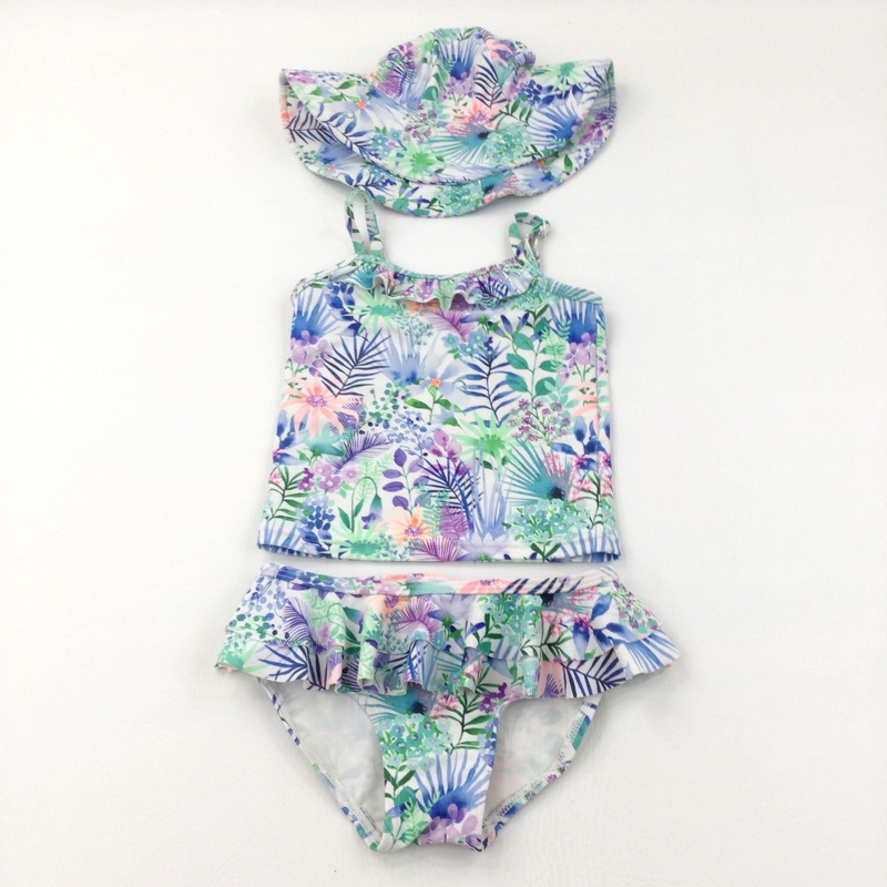 Flowers Pink, Blue & White Three Piece Sun/Beach Suit - Girls 3-4 Years