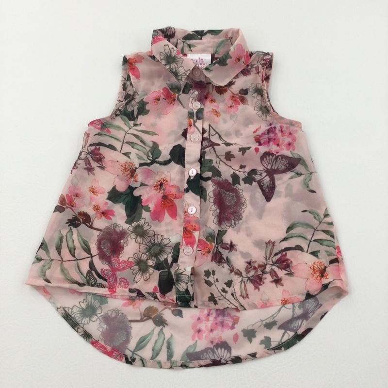 Flowers Pink & Green Sheer Sleeveless Blouse  - Girls 18-24 Months