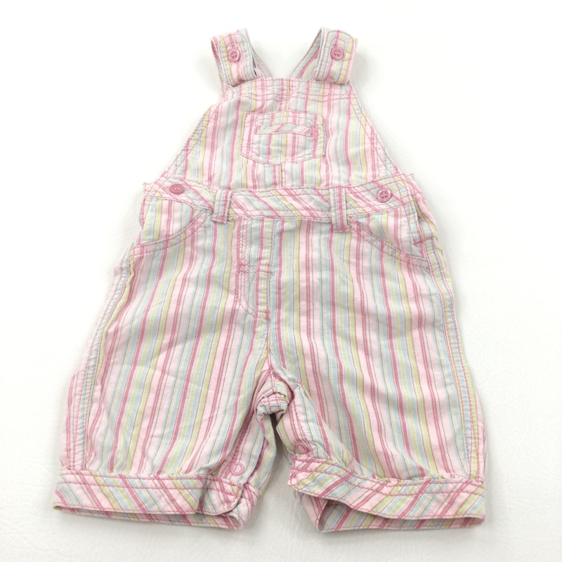 Green, Pink & Blue Striped Cotton Short Dungarees - Girls 9-12 Months
