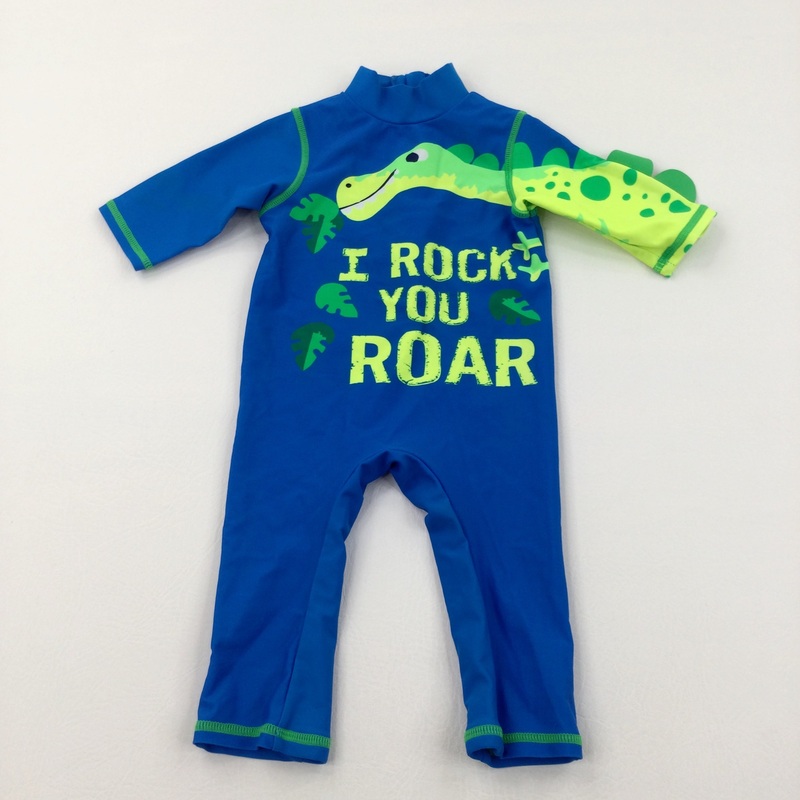'I Rock You Roar' Dinosaur Green & Blue Beach/Sun Suit - Boys 6-9 Months