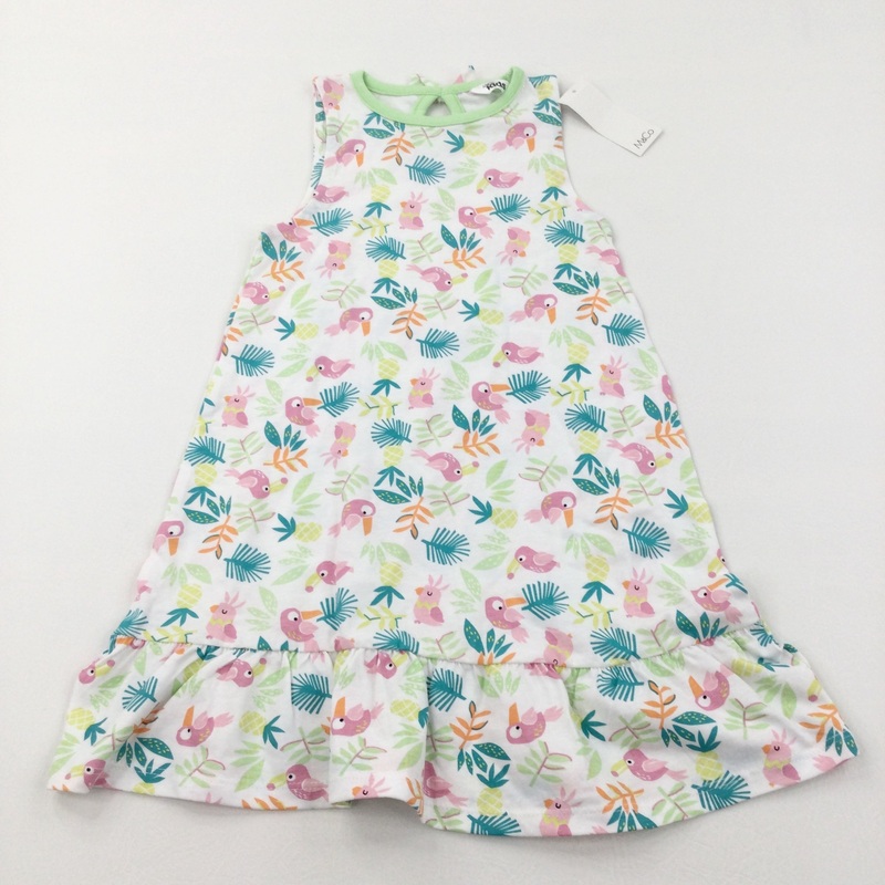 **NEW** Birds & Leaves Pink, Green & White Lightweight Jersey Sun Dress - Girls 3-4 Years