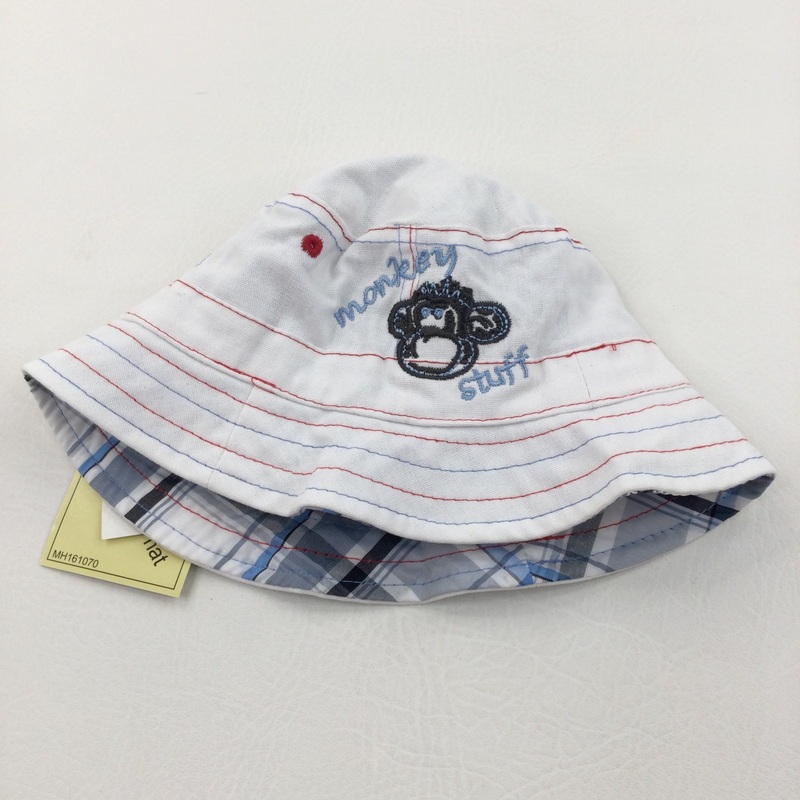 **NEW** 'Monkey Stuff' Reversible White, Blue & Grey Cotton Sun Hat - Boys 6-12 Months