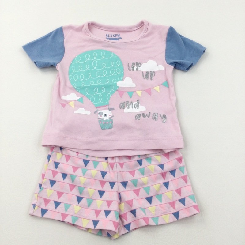 'Up, Up & Away' Hot Air Balloon & Bunting Pale Pink & Blue Short Pyjamas - Girls 18-24 Months