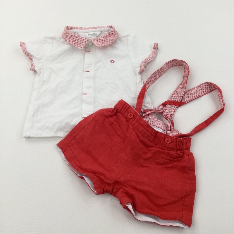 White & Red Cotton Shirt & Lightweight Shorts Set - Boys 6-9 Months