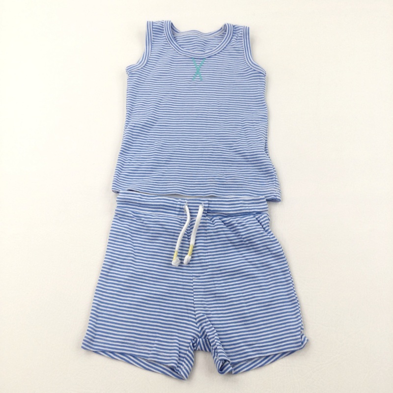 Blue & White Striped Vest Top & Jersey Shorts Set - Boys 12-18 Months