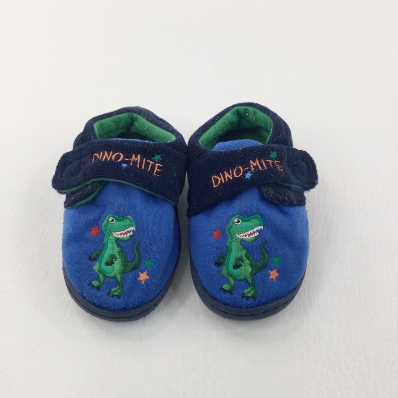 'Dino-mite' Dinosaur Appliqued Blue & Navy Slipper Shoes - Boys - Shoe Size 5