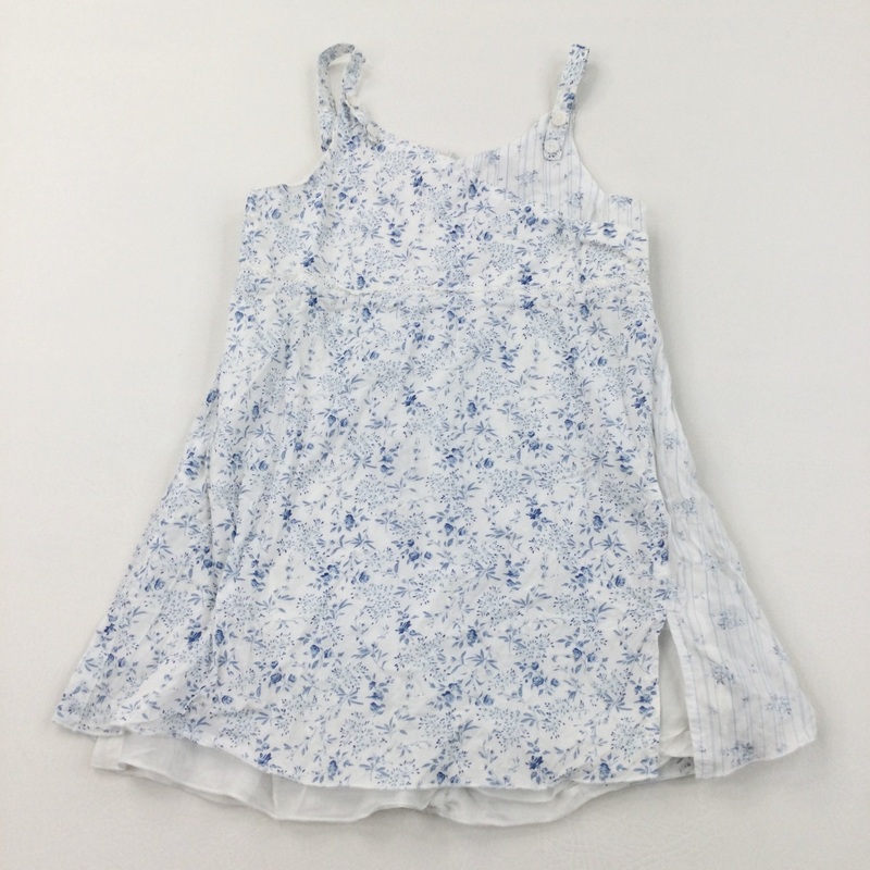 Flowers Blue & White Cotton Tunic Blouse - Girls 5-6 Years