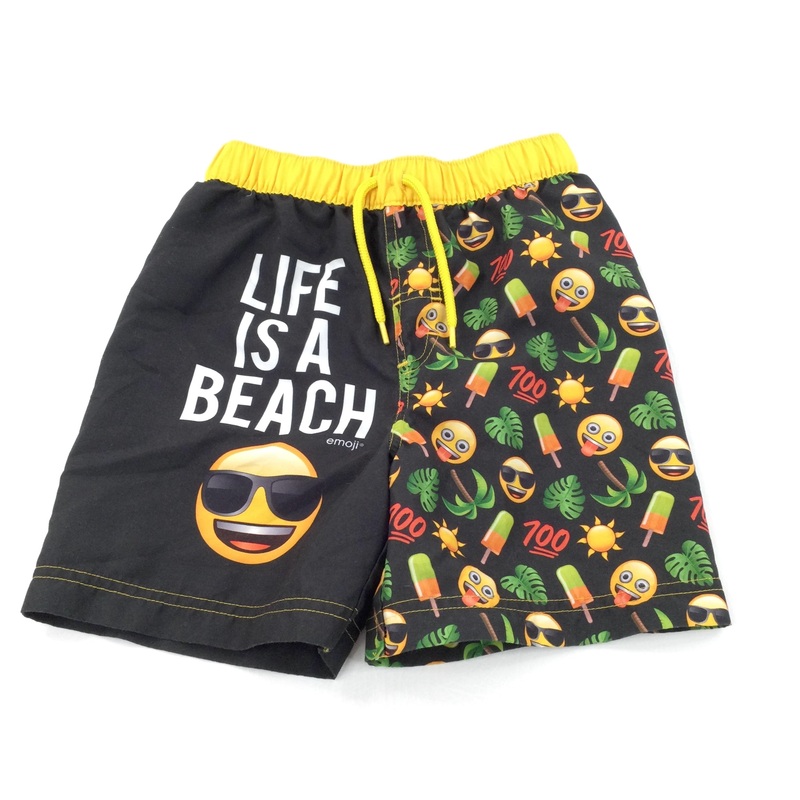 'Life Is A Beach' Emojis Black & Yellow Swimming Shorts - Boys 6-7 Years