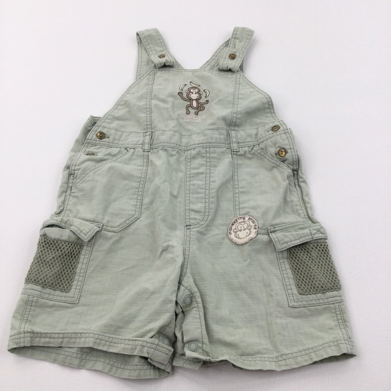 'Monkeying Around' Chimp Embroidered Pale Green Cotton Short Dungarees - Boys 12-18 Months