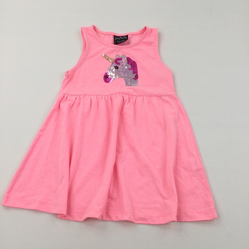 Sequins Unicorn Neon Pink Jersey Sun Dress - Girls 4-5 Years