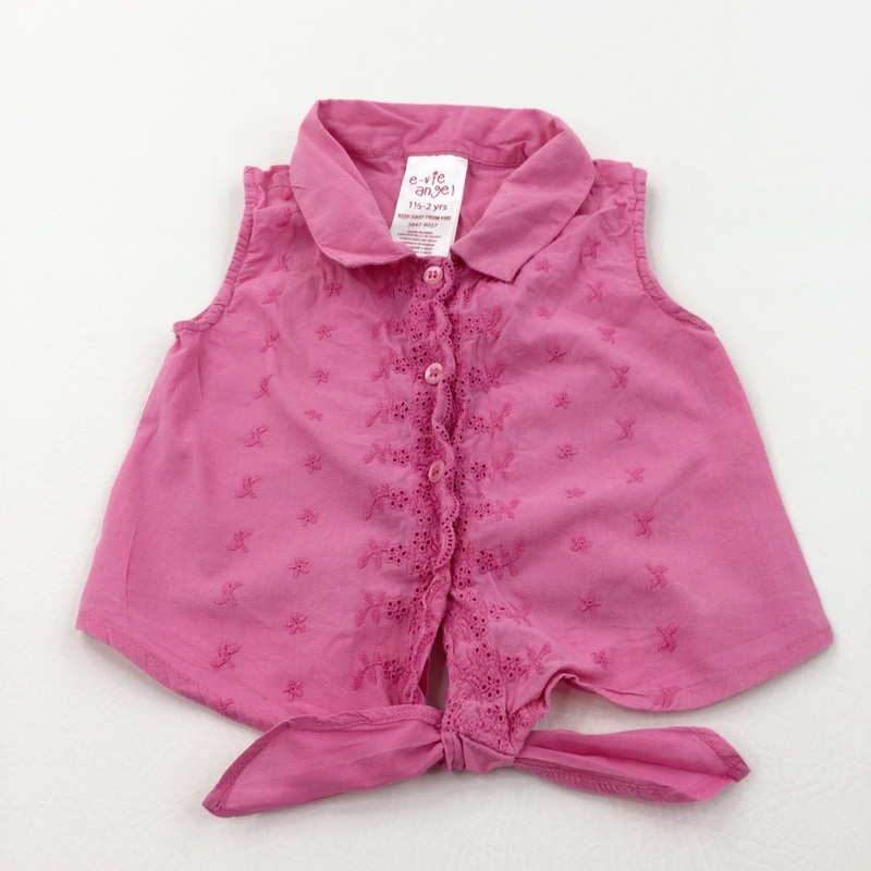 Stars Embroidered Pink Cotton Sleeveless Blouse - Girls 18-24 Months