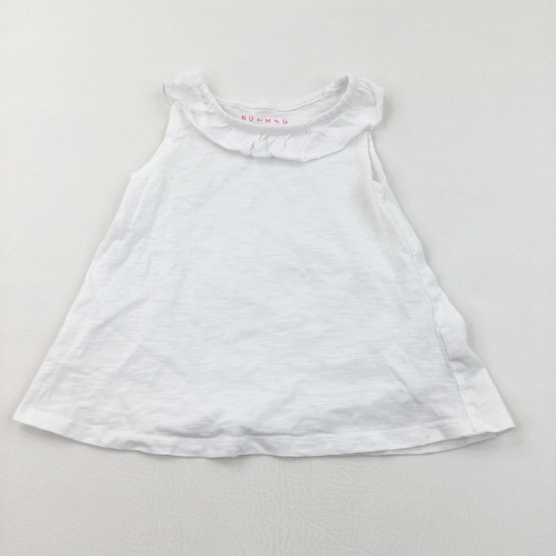 White Sleeveless T-Shirt with Frilly Neckline - Girls 4-5 Years