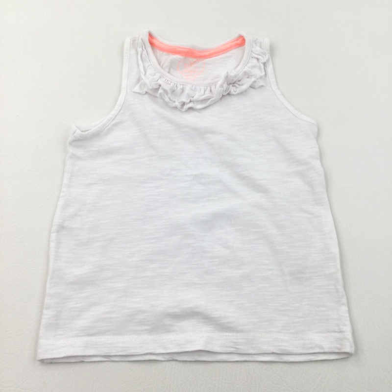 White Sleeveless T-Shirt with Frilly Neckline - Girls 6 Years