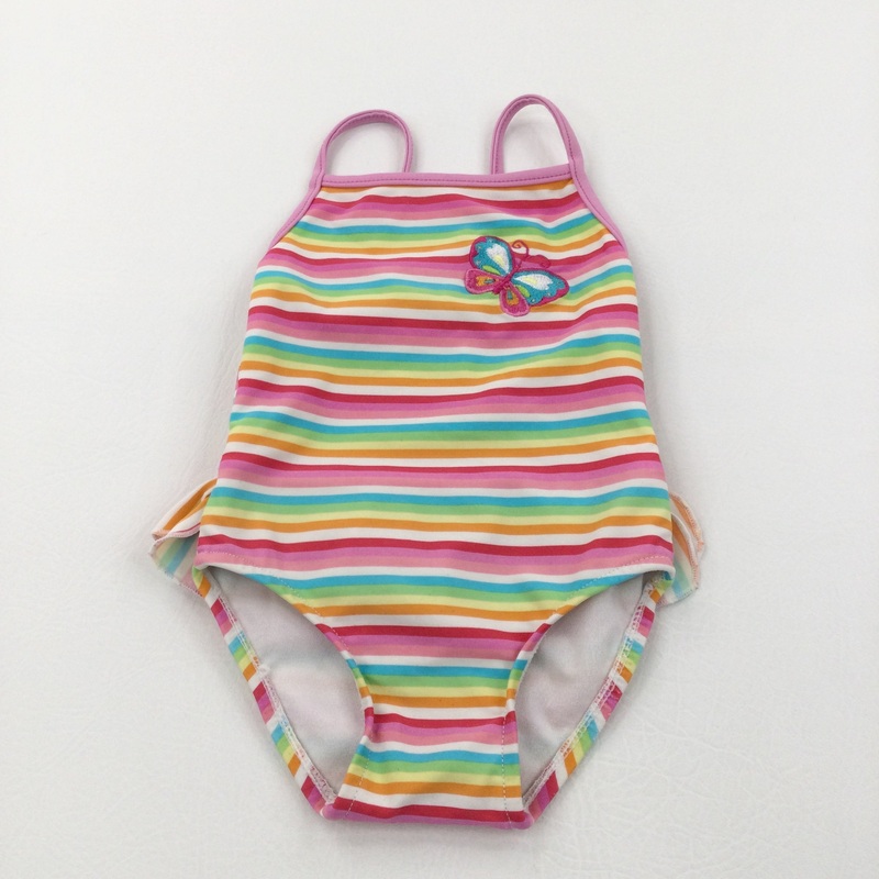 Butterfly Embroidered Colourful Stripes Swimming Costume - Girls 9-12 Months