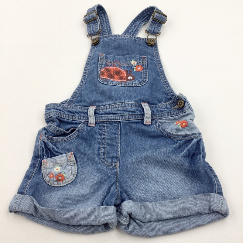 Flowers & Ladybirds Embroidered Mid Blue Short Denim Dungarees - Girls 3-4 Years