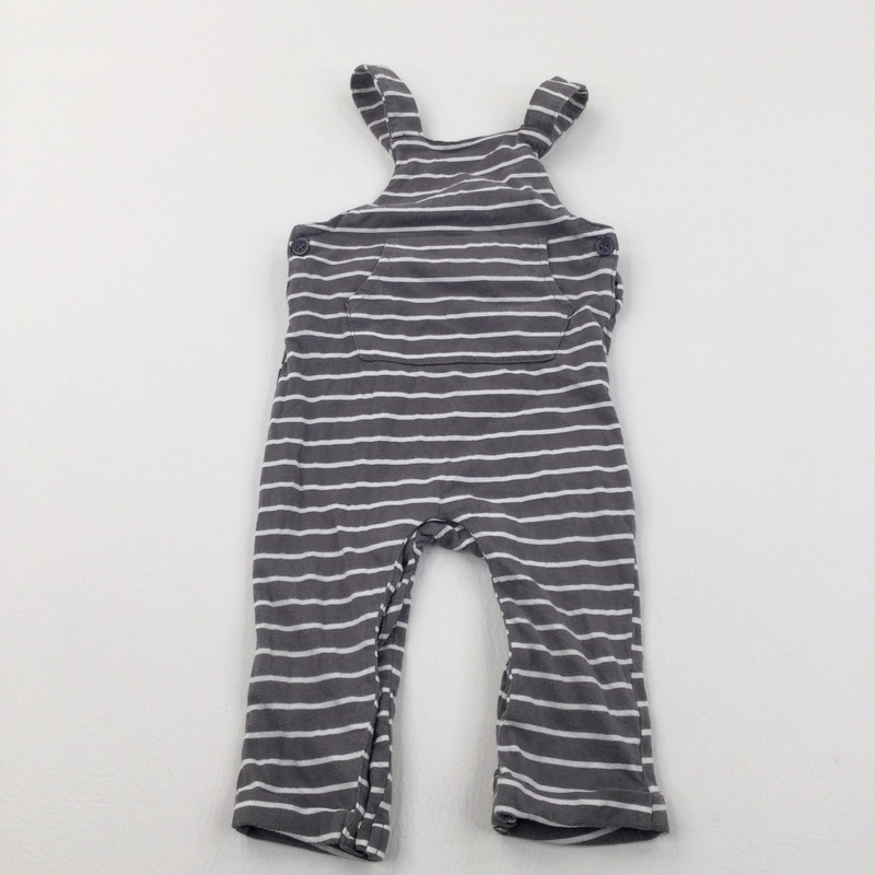 Grey & White Striped Lightweight Jersey Dungarees - Boys/Girls 9-12 Months