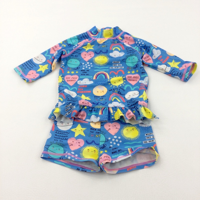 Hearts, Planets & Sunshine Colourful Blue Two Piece Sun/Beach Suit - Girls 2-3 Years